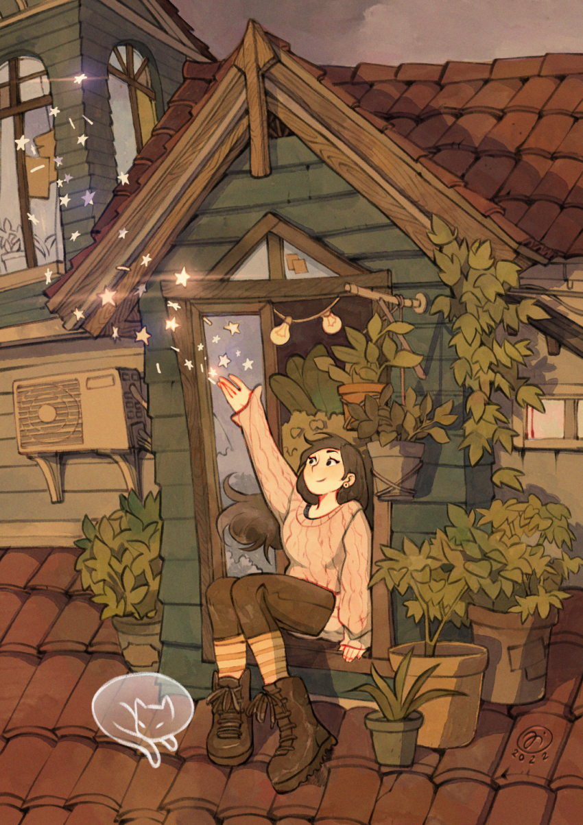 1girl artist_logo boots brown_boots brown_hair brown_pants capri_pants cat commentary condenser_unit dated earrings full_body ghost grey_sky highres house jewelry logo long_hair looking_up magic on_roof on_windowsill open_window orange_socks original outdoors pants pink_sweater plant potted_plant simz sitting sky smile socks solo sparkle star_(symbol) string_of_light_bulbs striped_clothes striped_socks sweater tile_roof window