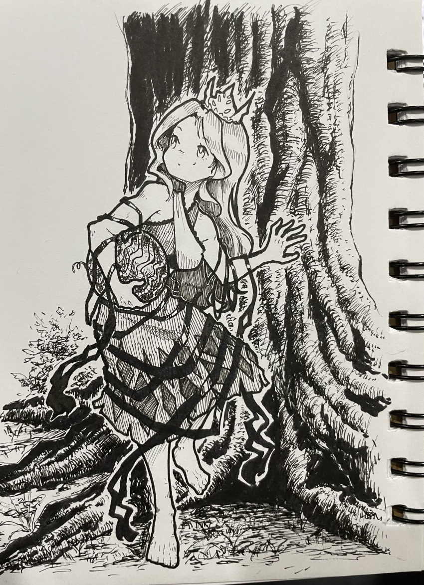 1girl absurdres arm_ribbon barefoot chirizuka_ubame closed_mouth commentary_request criss-cross_halter crop_top greyscale halterneck headpiece highres holding long_hair monochrome outdoors photo_(medium) ribbon skirt solo suteruko toes touhou traditional_media tree very_long_hair
