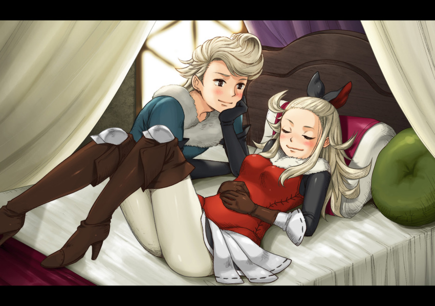 1boy 1girl bed blonde_hair boots bow bravely_default:_flying_fairy bravely_default_(series) breasts closed_mouth edea_lee closed_eyes gloves hair_bow long_hair lying nicola pillow ringabel skirt sleeping smile