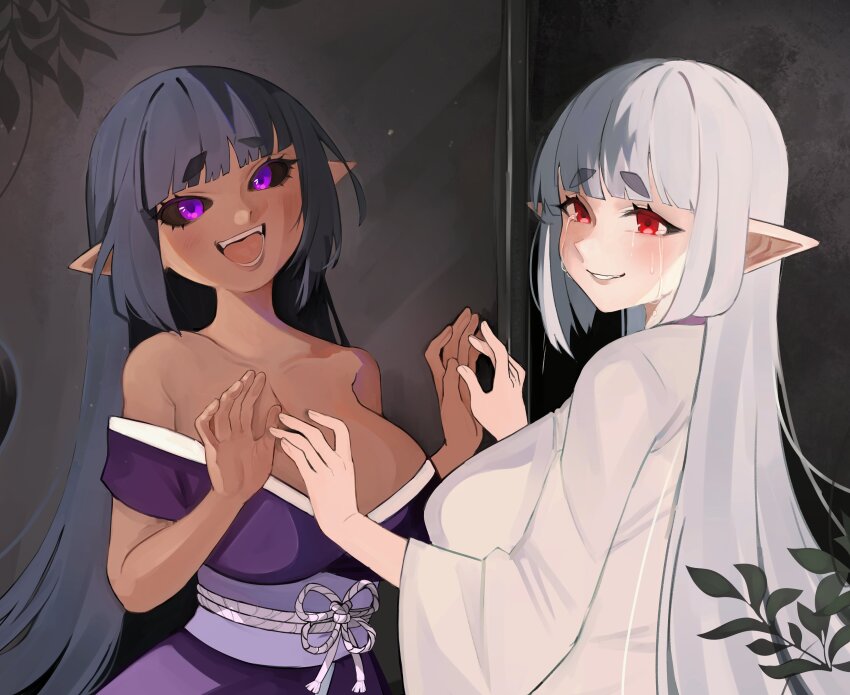 2girls absurdres bare_shoulders black_hair black_sclera blunt_bangs breasts cleavage colored_sclera commission crying crying_with_eyes_open dark-skinned_female dark_persona dark_skin dual_persona highres japanese_clothes kimono kumaartsu large_breasts long_sleeves looking_at_viewer monster_girl_encyclopedia monster_girl_encyclopedia_ii multiple_girls obi pointy_ears purple_eyes purple_kimono red_eyes sash shirohebi_(monster_girl_encyclopedia) sidelocks smile tears thick_eyebrows upper_body white_hair white_kimono wide_sleeves