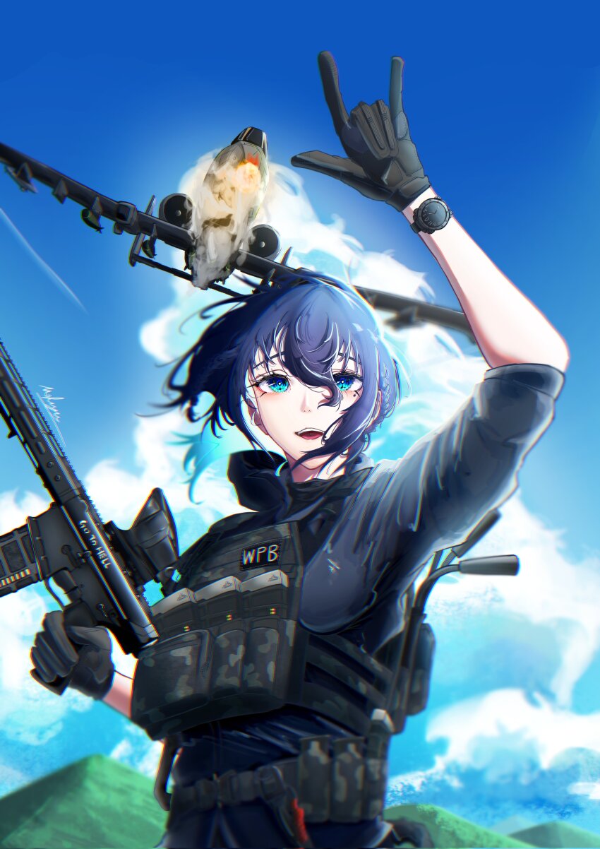 1girl 5.56x45mm_nato \n/ a-10_thunderbolt_ii absurdres aircraft airplane ammunition ammunition_pouch ar-15 arm_up assault_rifle autocannon blue_eyes blue_hair bulletproof_vest cannon carbine_cartridge chinese_commentary cloud commentary_request day dmr_cartridge english_text fighter_jet firing gatling_gun gau-8_avenger gloves gun highres holding holding_gun holding_weapon hood hoodie intermediate_cartridge lmg_cartridge mafuyu_0213 magazine_(weapon) military military_vehicle mole mole_under_eye mountain multiple-barrel_gun open_mouth original outdoors pouch rifle rifle_cartridge rotary_cannon signature solo watch weapon window_magazine wristwatch
