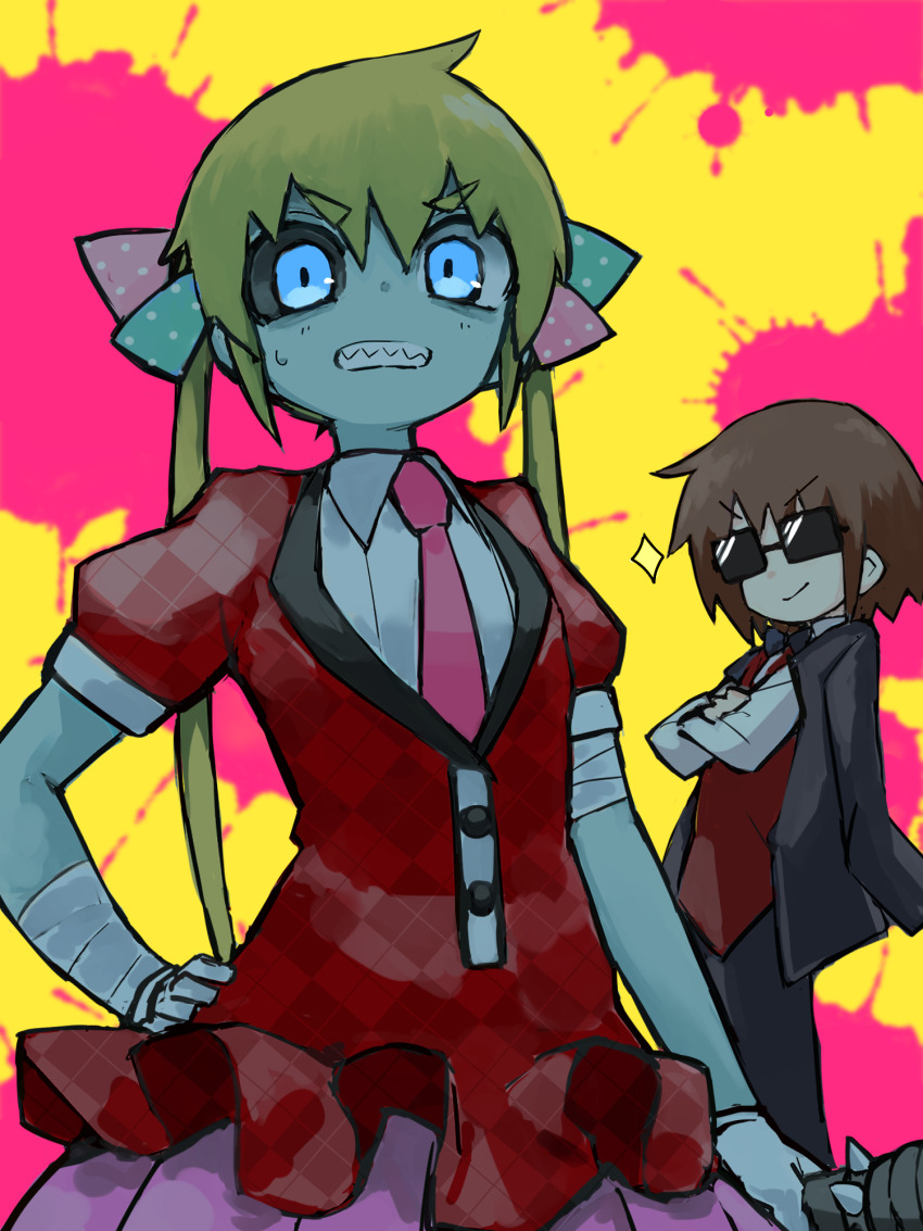 2girls blonde_hair blue_eyes brown_hair cosplay highres kill_me_baby looking_at_viewer multiple_girls parody parted_lips sharp_teeth short_hair sunglasses tatsumi_koutarou tatsumi_koutarou_(cosplay) teeth twintails yachima_tana zombie_land_saga
