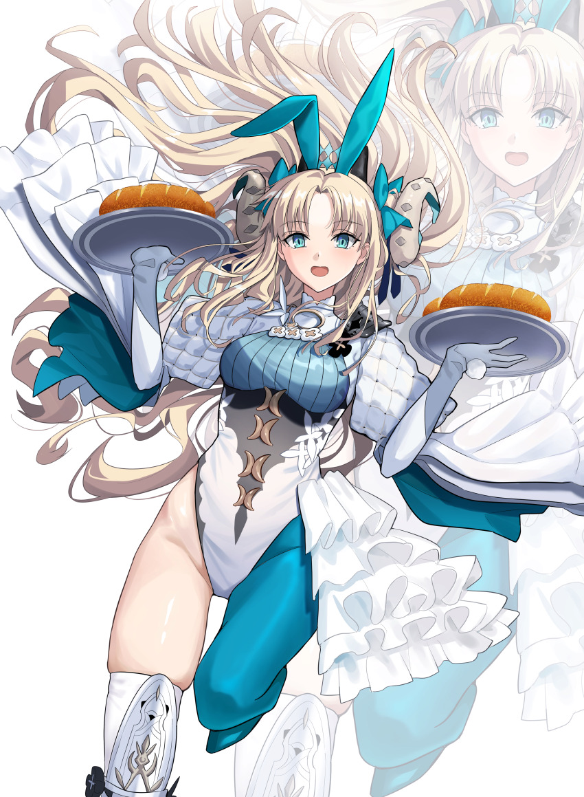 1girl absurdres blonde_hair blush breasts curled_horns ereshkigal_(fate) fate/grand_order fate_(series) gloves highres horns leotard long_hair longdq3008 looking_at_viewer medium_breasts open_mouth smile solo space_ereshkigal_(fate) space_ereshkigal_(third_ascension)_(fate) white_leotard