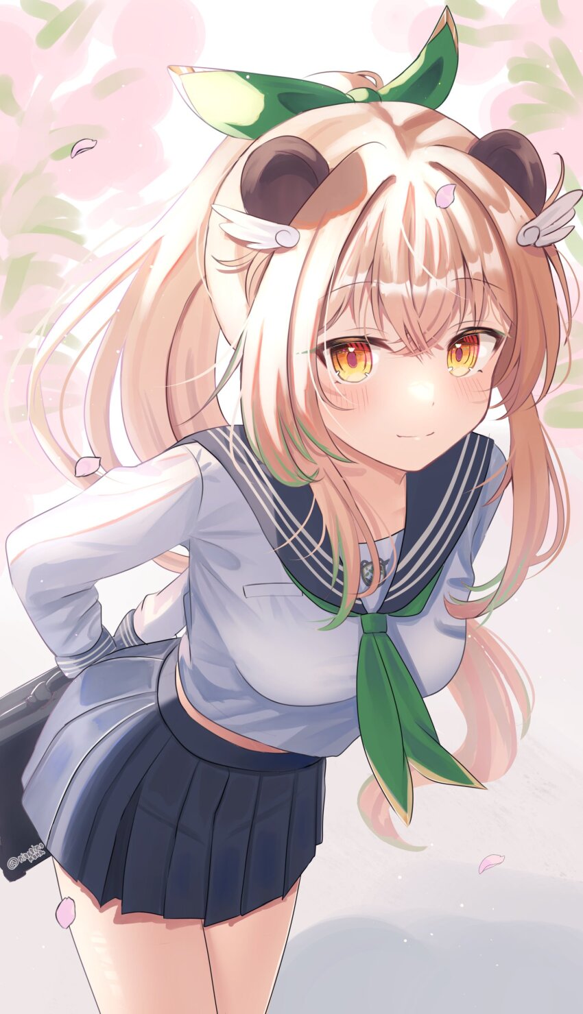 1girl absurdres alternate_costume alternate_hairstyle amatsuna_sasaha animal_ears arms_behind_back bag breasts brown_eyes commentary_request hair_between_eyes hair_ornament highres holding indie_virtual_youtuber light_brown_hair medium_breasts medium_hair nibosi petals ponytail school_uniform smile solo twitter_username virtual_youtuber white_background
