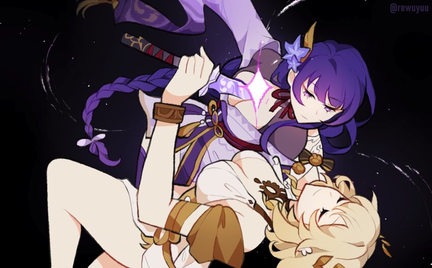 2girls aglaea_(honkai:_star_rail) artist_name black_background blonde_hair breasts cleavage closed_eyes commentary dress english_commentary genshin_impact highres holding holding_sword holding_weapon honkai:_star_rail honkai_(series) human_scabbard japanese_clothes kimono long_hair looking_at_another low-braided_long_hair low-tied_long_hair multiple_girls musou_isshin_(genshin_impact) purple_eyes purple_hair purple_kimono raiden_shogun rewuyuu sekai_wo_kakumei_suru_chikara_wo short_hair sword very_long_hair weapon white_dress