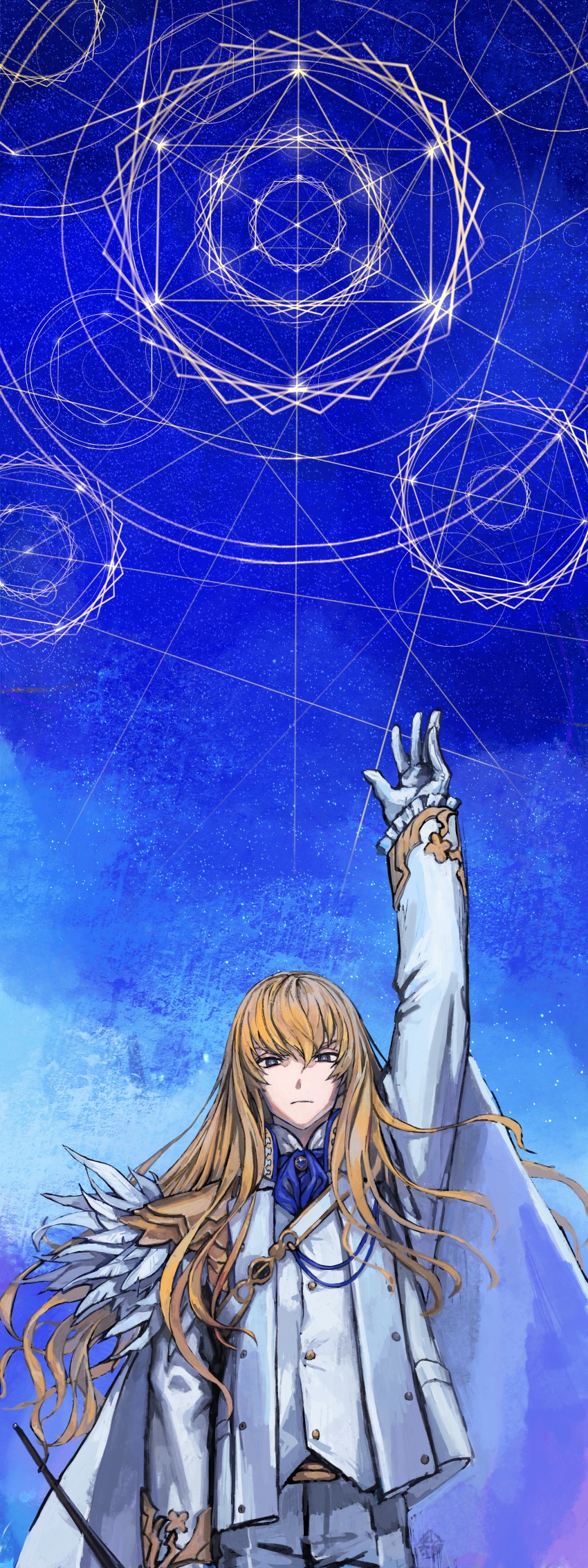 1boy absurdres arm_up bishounen blonde_hair blue_eyes cane fate/grand_order fate_(series) formal_clothes gloves highres holding holding_cane kirschtaria_wodime long_hair magic_circle male_focus momomogeta sky solo star_(sky) starry_sky suit white_gloves