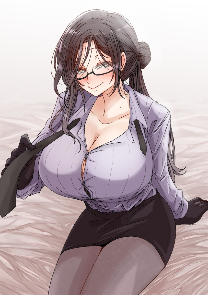 1girl black_hair blush breasts cleavage collarbone collared_shirt formal_clothes glasses grey_hair hair_over_one_eye high-waist_skirt highres large_breasts long_hair long_sleeves looking_at_viewer mole mole_on_neck multicolored_hair nijisanji orange_eyes pantyhose pencil_skirt sagging_breasts sei_no_ji shirayuki_tomoe shirayuki_tomoe_(11th_costume) shirt sitting skirt skirt_suit smile solo suit virtual_youtuber