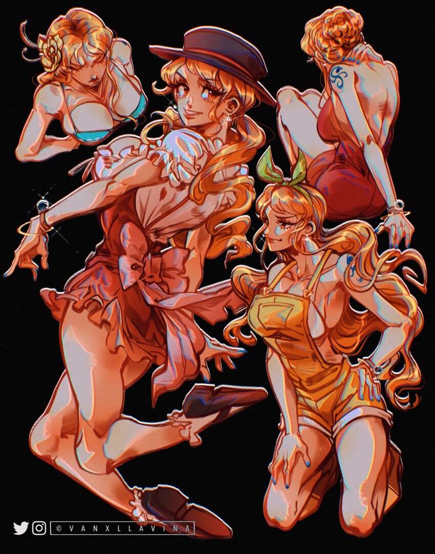 1girl arm_tattoo backless_dress backless_outfit bikini black_background commentary dress english_commentary flower hair_flower hair_ornament hand_on_own_hip hat headband highres instagram_username long_hair looking_ahead looking_at_viewer multiple_views nami_(one_piece) nami_(one_piece)_(return_to_sabaody) nami_(one_piece)_(whole_cake_island) one_piece one_piece:_stampede orange_hair overall_shorts overalls simple_background smile swimsuit tattoo twintails twitter_username vanxllavina