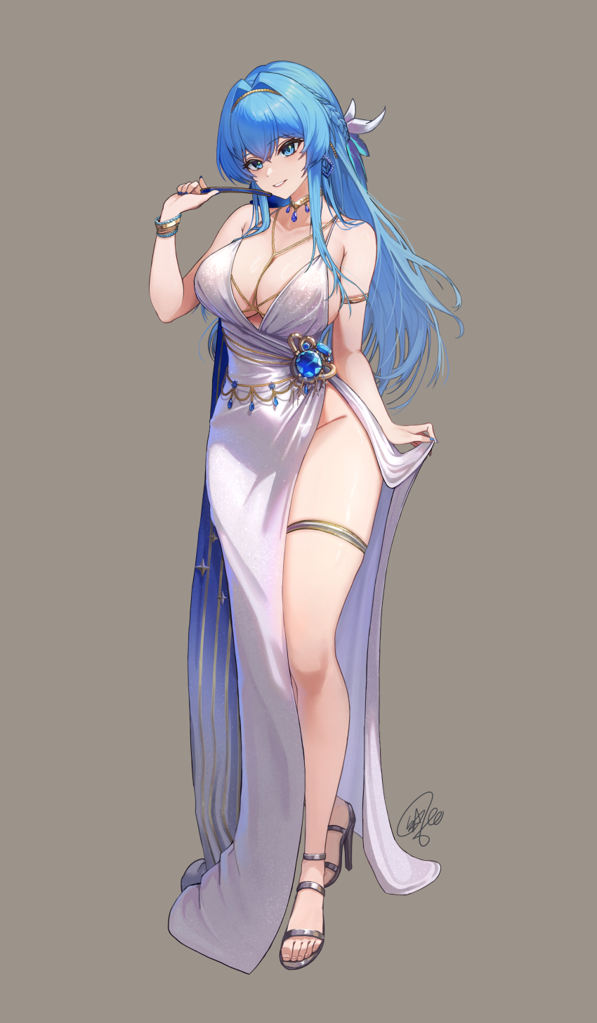 1girl absurdres armlet breasts cocktail_dress diamond_earrings dress earrings evening_gown folded_fan folding_fan full_body goddess_of_victory:_nikke gold_choker hand_fan helm_(chandelier)_(nikke) helm_(nikke) highres jewelry official_alternate_costume pearl_hairband sagle satin_dress silver_dress solo thighlet