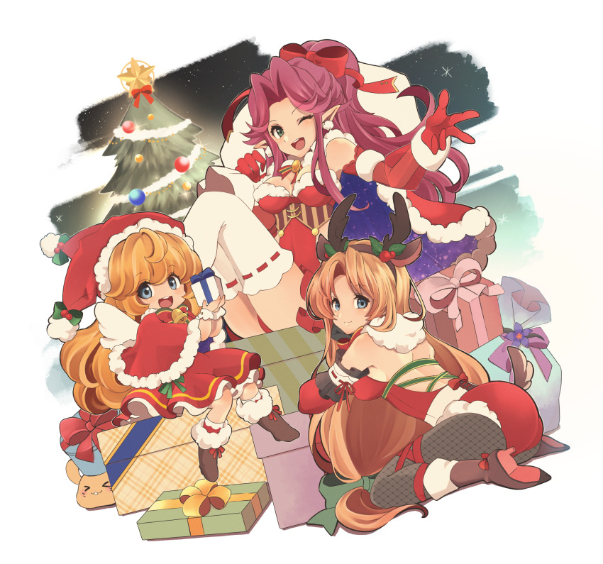 3girls :d angela_(seiken_densetsu_3) blonde_hair blue_eyes bow box cape capelet charlotte_(seiken_densetsu_3) christmas christmas_tree dress elbow_gloves fake_antlers fishnet_pantyhose fishnets fur-trimmed_cape fur-trimmed_capelet fur_trim gift gift_box gloves green_eyes hair_bow hat highres long_hair looking_at_viewer looking_back mii_(03miiy) multiple_girls one_eye_closed open_mouth pantyhose pointy_ears purple_hair rabite_(seiken_densetsu) red_bow red_cape red_capelet red_dress red_gloves red_headwear riesz santa_costume santa_dress seiken_densetsu seiken_densetsu_3 sitting smile wavy_hair