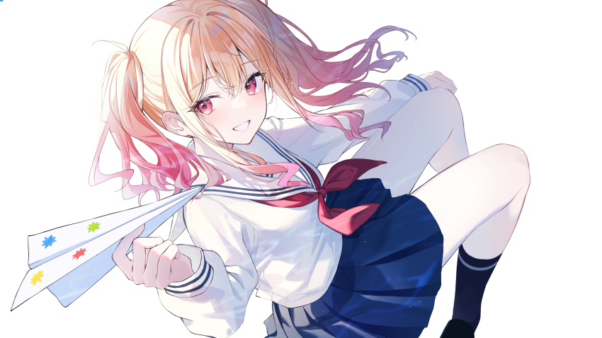 1girl absurdres black_shoes blonde_hair blue_skirt blush grin hair_between_eyes highres holding holding_paper_airplane kneehighs loafers long_hair long_sleeves looking_at_viewer miniskirt multicolored_hair neckerchief paper_airplane pink_eyes pink_hair pleated_skirt project_sekai red_neckerchief sailor_collar school_uniform serafuku shirt shoes sidelocks simple_background sitting skirt smile socks solo tenma_saki timmoo two-tone_hair two_side_up white_background white_shirt