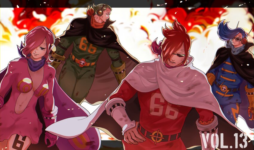 1girl 3boys belt blue_hair blue_jacket blue_pants bodysuit brother_and_sister cape commentary curly_eyebrows dress explosion fire gloves green_bodysuit green_hair hair_over_one_eye headphones highres jacket larugo0513 multiple_boys one_piece pants pink_dress pink_gloves pink_hair plunging_neckline pompadour red_hair red_jacket siblings sunglasses vinsmoke_ichiji vinsmoke_niji vinsmoke_reiju vinsmoke_yonji white_cape