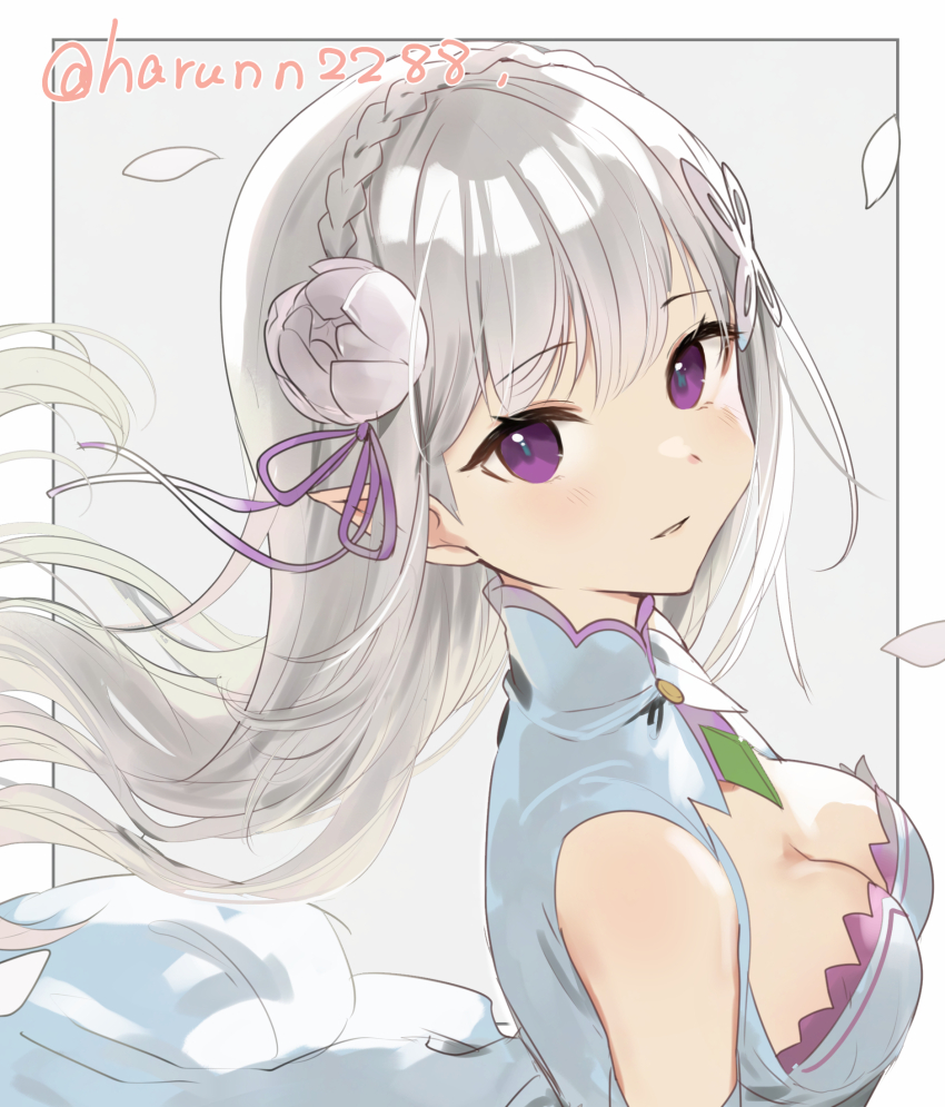 1girl bare_shoulders blush braid breasts cleavage crown_braid dress emilia_(re:zero) flower grey_hair hair_flower hair_ornament hair_ribbon haru_(nakajou-28) highres long_hair looking_at_viewer medium_breasts pointy_ears purple_eyes purple_ribbon re:zero_kara_hajimeru_isekai_seikatsu ribbon smile solo upper_body white_flower white_hair x_hair_ornament