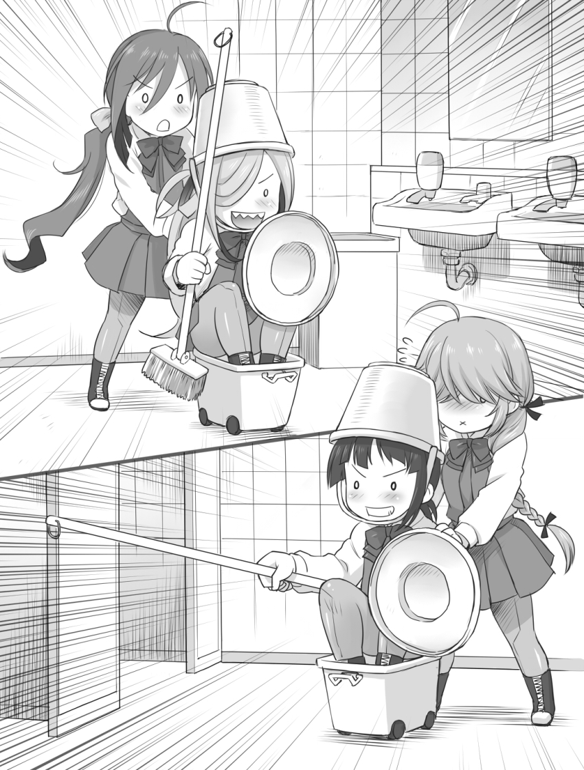 4girls x_mouth ahoge asashimo_(kancolle) braid broom bucket bucket_on_head character_request comic ebifly emphasis_lines fujinami_(kancolle) greyscale grin hair_over_eyes hamanami_(kancolle) highres holding in_bucket in_container kantai_collection kiyoshimo_(kancolle) long_hair monochrome multiple_girls o_o object_on_head sharp_teeth smile teeth