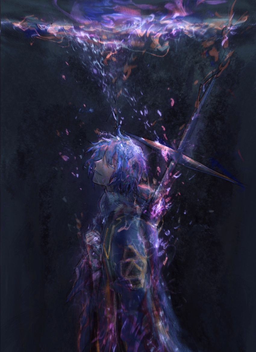 1boy absurdres blood_in_water blue_coat blue_hair cengfanren chinese_commentary closed_eyes coat commentary_request grey_shirt hand_on_own_chest highres impaled long_sleeves male_focus saibou_shinkyoku shirt short_hair smile solo underwater upper_body utsugi_noriyuki