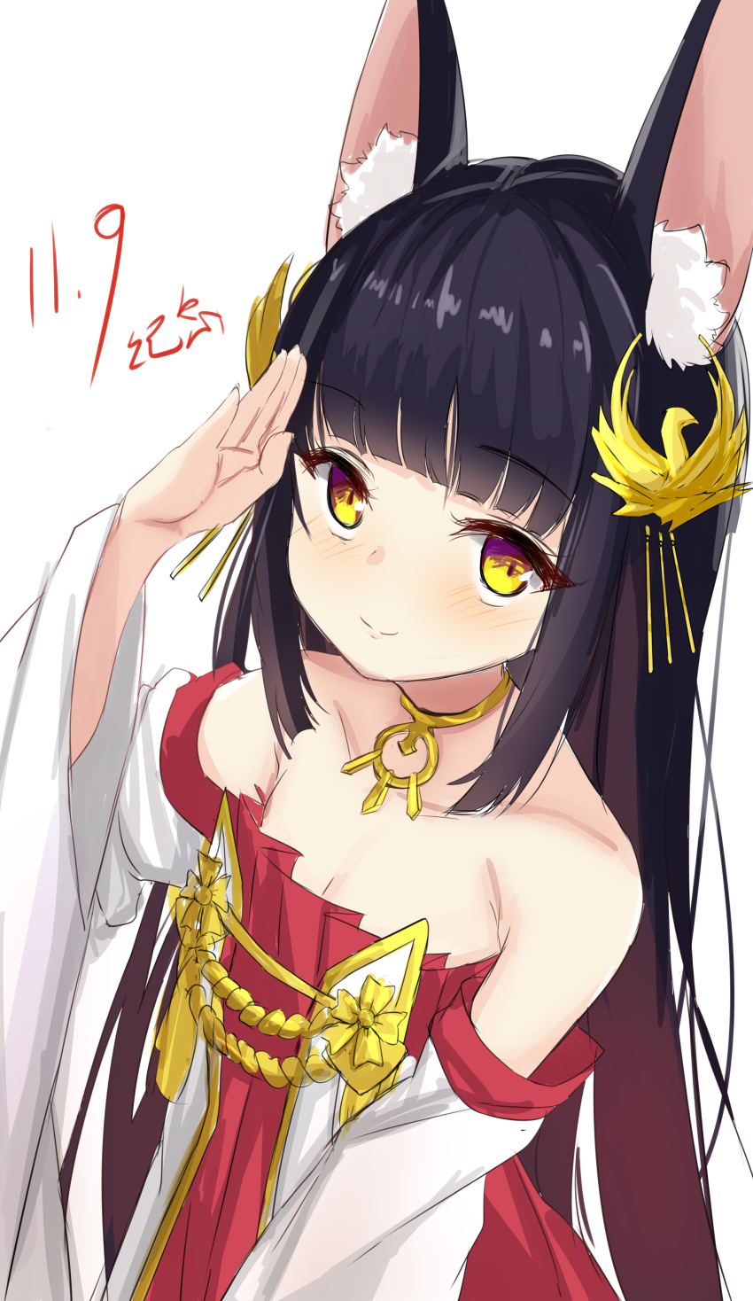 1girl absurdres animal_ear_fluff animal_ears azur_lane bare_shoulders bird_hair_ornament black_hair breasts chinese_commentary closed_mouth dated detached_sleeves dress fox_ears fox_girl hair_ornament hamiro highres jewelry long_hair long_sleeves nagato_(azur_lane) necklace pleated_dress red_dress salute small_breasts smile solo upper_body very_long_hair white_background yellow_eyes