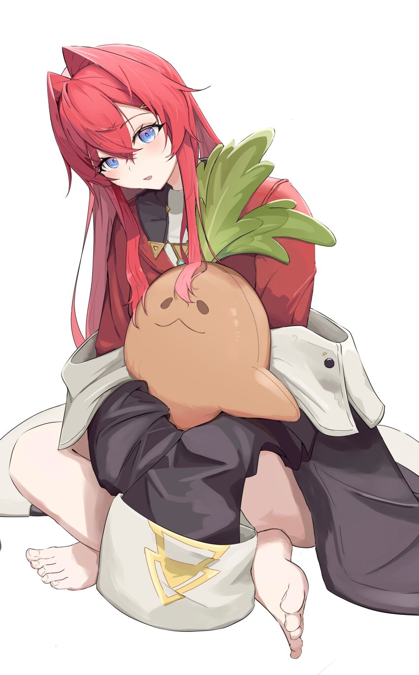1girl absurdres ange_katrina ange_katrina_(1st_costume) bare_legs barefoot black_coat blue_eyes cardigan coat coat_partially_removed crossed_bangs crossed_legs eyelashes full_body hair_between_eyes hair_intakes head_tilt highres hugging_object light_blush long_bangs long_hair looking_at_viewer mandragora_(ange_katrina) nijisanji niq_n14 parted_lips red_cardigan red_hair sidelocks simple_background sitting sleeves_past_fingers sleeves_past_wrists solo stuffed_toy very_long_hair virtual_youtuber white_background