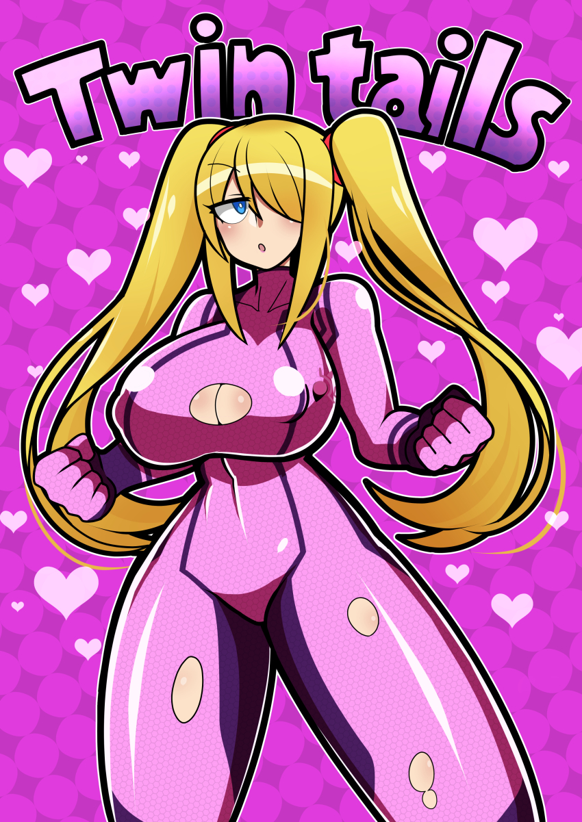 1girl absurdres alternate_costume alternate_hairstyle blonde_hair bodysuit breasts cleavage cleavage_cutout clenched_hands clothing_cutout covered_erect_nipples hair_over_one_eye heart highres iriomote_umineko large_breasts looking_to_the_side metroid nintendo pink_background pink_bodysuit ripping samus_aran skin_tight solo symbol thick_thighs thighs torn_bodysuit torn_clothes twintails zero_suit