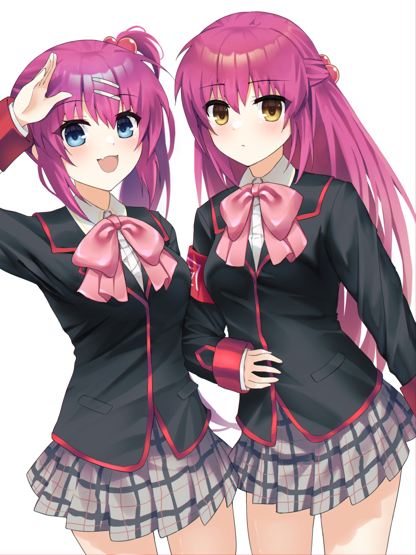 2girls :d arm_at_side armband black_jacket blue_eyes blush bow breasts closed_mouth collared_shirt commentary cowboy_shot eyes_visible_through_hair fang frown futaki_kanata glazearty grey_skirt hair_between_eyes hair_bobbles hair_ornament half_updo hand_on_own_stomach hand_up happy highres jacket little_busters! little_busters!_school_uniform long_hair long_sleeves looking_at_viewer miniskirt multiple_girls open_mouth pink_bow plaid_clothes plaid_skirt pleated_skirt purple_hair red_armband saigusa_haruka salute school_uniform shirt siblings side-by-side side_ponytail simple_background sisters skin_fang skirt small_breasts smile twins very_long_hair white_background white_shirt yellow_eyes
