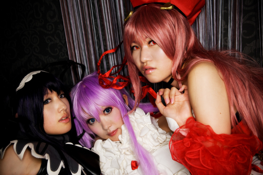 3girls al_azif_(cosplay) al_azif_(demonbane) another_blood another_blood_(cosplay) asian color_contacts cosplay demonbane dress etheldreda etheldreda_(cosplay) facing_viewer hair_ribbon japanese_(nationality) long_hair looking_at_viewer multiple_girls photo_(medium) pink_hair purple_hair red_eyes red_hair ribbon rou_(cosplayer) saya_(cosplayer) tsugihagi_mishin upper_body