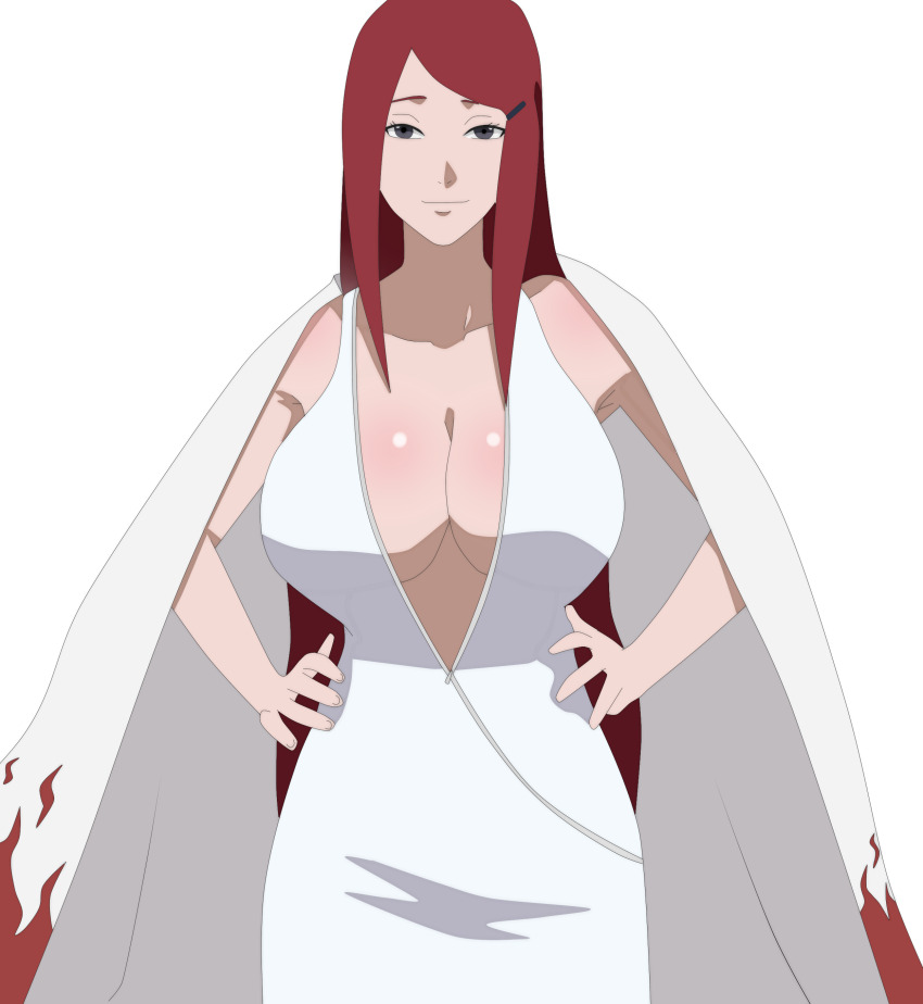 1girl absurdres agung911 alternate_costume armpits bare_shoulders black_eyes breasts cape cleavage curvy dress facing_viewer female_focus hair_ornament hairclip hand_on_own_hip hands_on_own_hips highres hokage large_breasts long_dress long_hair looking_at_viewer mature_female naruto_(classic) naruto_(series) naruto_shippuuden pale_skin red_hair revealing_clothes shounen_jump sleeveless sleeveless_dress smile solo standing uzumaki_kushina wide_hips