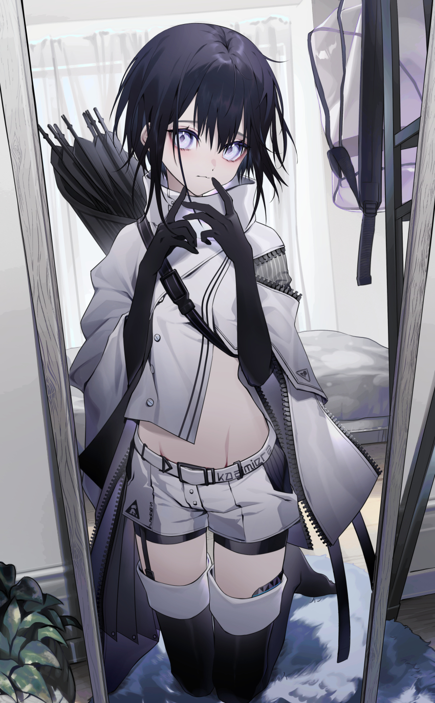 1girl absurdres arknights bag bed bedroom black_gloves black_hair black_thighhighs blush closed_mouth commentary_request commission cosplay curtains gloves hair_between_eyes haizome_senri highres holding indoors kneeling looking_at_viewer midriff mirror original plant platinum_(arknights) platinum_(arknights)_(cosplay) potted_plant purple_eyes rug selfie short_hair short_shorts shorts signature skeb_commission solo thighhighs