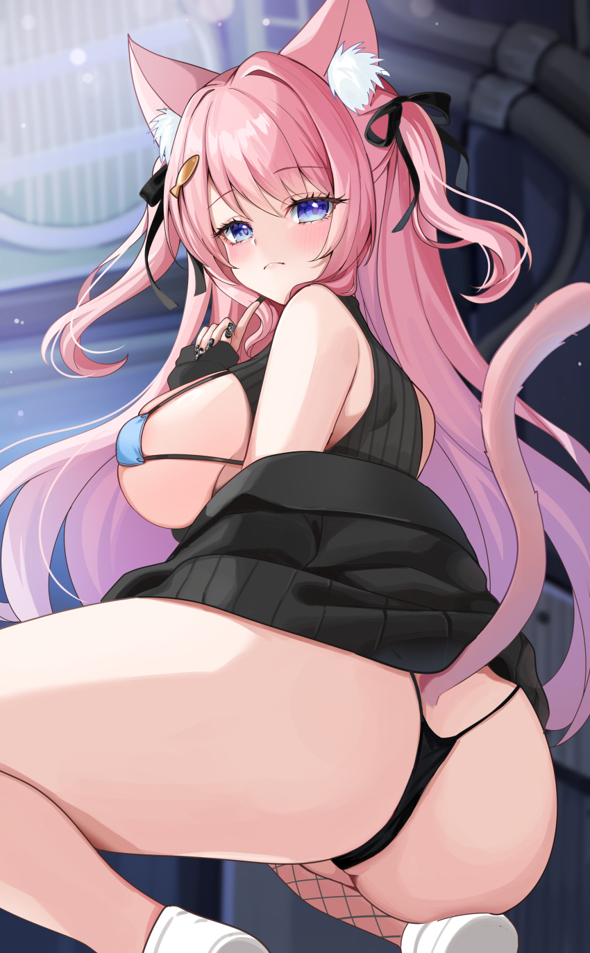 1girl absurdres animal_ear_fluff animal_ears ass ass_focus black_panties black_ribbon black_skirt black_sweater blue_bra blue_eyes blush bra breasts cat_ears cat_girl cat_tail closed_mouth clothes_lift commentary_request fish_hair_ornament from_behind hair_ornament hair_ribbon highleg highleg_panties highres katsushika_pachi large_breasts mismatched_underwear original panties pink_hair ribbed_sweater ribbon shoes sideboob skirt skirt_lift sleeveless sleeveless_sweater solo squatting sweater tail underwear white_shoes