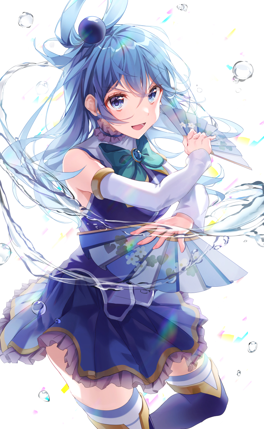 1girl absurdres aqua_(konosuba) bare_shoulders blue_dress blue_eyes blue_footwear blue_hair bow bowtie breasts brooch detached_sleeves dress green_bow green_bowtie hair_ornament hand_fan hands_up highres holding holding_fan jewelry kono_subarashii_sekai_ni_shukufuku_wo! long_hair long_sleeves looking_at_viewer medium_breasts nagul short_dress sideboob skirt solo standing thighhighs water white_background white_thighhighs