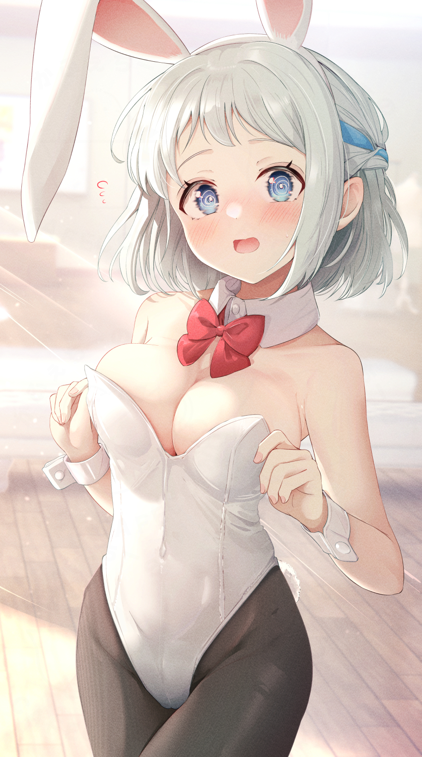 1girl @_@ absurdres animal_ear_hairband animal_ears bedroom black_pantyhose blue_eyes bow bowtie braid breasts cleavage cowboy_shot detached_collar fake_animal_ears flying_sweatdrops gakuen_idolmaster grey_hair hairband half_up_braid highres idolmaster katsuragi_lilja large_breasts leotard looking_at_viewer open_mouth pantyhose playboy_bunny rabbit_ears rabbit_tail red_bow red_bowtie short_hair sky_cappuccino solo strapless strapless_leotard tail white_leotard wrist_cuffs