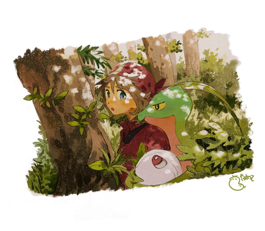 1girl :o absurdres bandana border brown_hair cascoon collared_shirt commentary_request day gen_3_pokemon grey_eyes grovyle highres looking_to_the_side may_(pokemon) nintendo outdoors pokemon pokemon_(creature) pokemon_rse red_bandana red_shirt shirt short_hair signature tree upper_body white_border yamanote