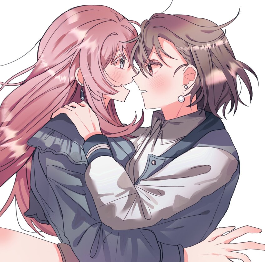 2girls bang_dream! bang_dream!_it&#039;s_mygo!!!!! blue_jacket blush brown_eyes chihaya_anon chromatic_aberration collared_shirt commentary dress_shirt earrings eye_contact fang grey_eyes grey_hair hair_between_eyes highres hug i00236 jacket jewelry long_hair long_sleeves looking_at_another multiple_girls open_mouth pink_hair revision shirt short_hair sidelocks simple_background takamatsu_tomori white_background white_shirt white_sleeves yuri