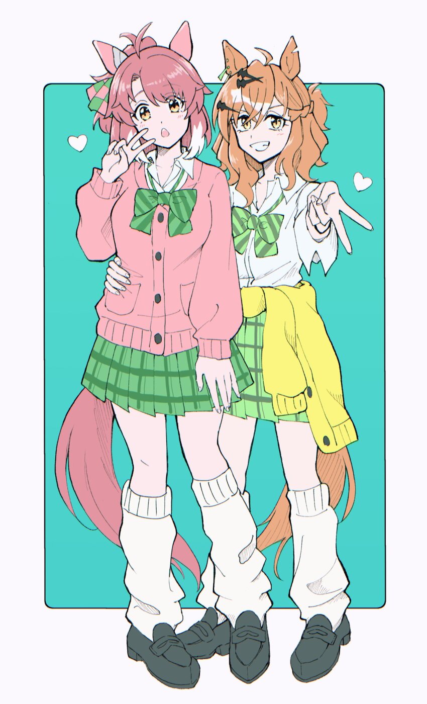 2girls ahoge alternate_costume animal_ears black_shoes bow bowtie brown_eyes brown_hair cardigan cardigan_around_waist checkered_ribbon clothes_around_waist collared_shirt commentary dantsu_flame_(umamusume) ear_covers ear_ribbon green_bow green_bowtie green_skirt grin hair_between_eyes hair_ornament hairclip highres horse_ears horse_girl jungle_pocket_(umamusume) loafers long_sleeves looking_at_viewer loose_socks medium_hair multiple_girls notched_ear pink_cardigan plaid_clothes plaid_skirt pleated_skirt sanayama_(thou_uoht) shirt shoes skirt smile socks umamusume v white_shirt white_socks yellow_cardigan yellow_eyes
