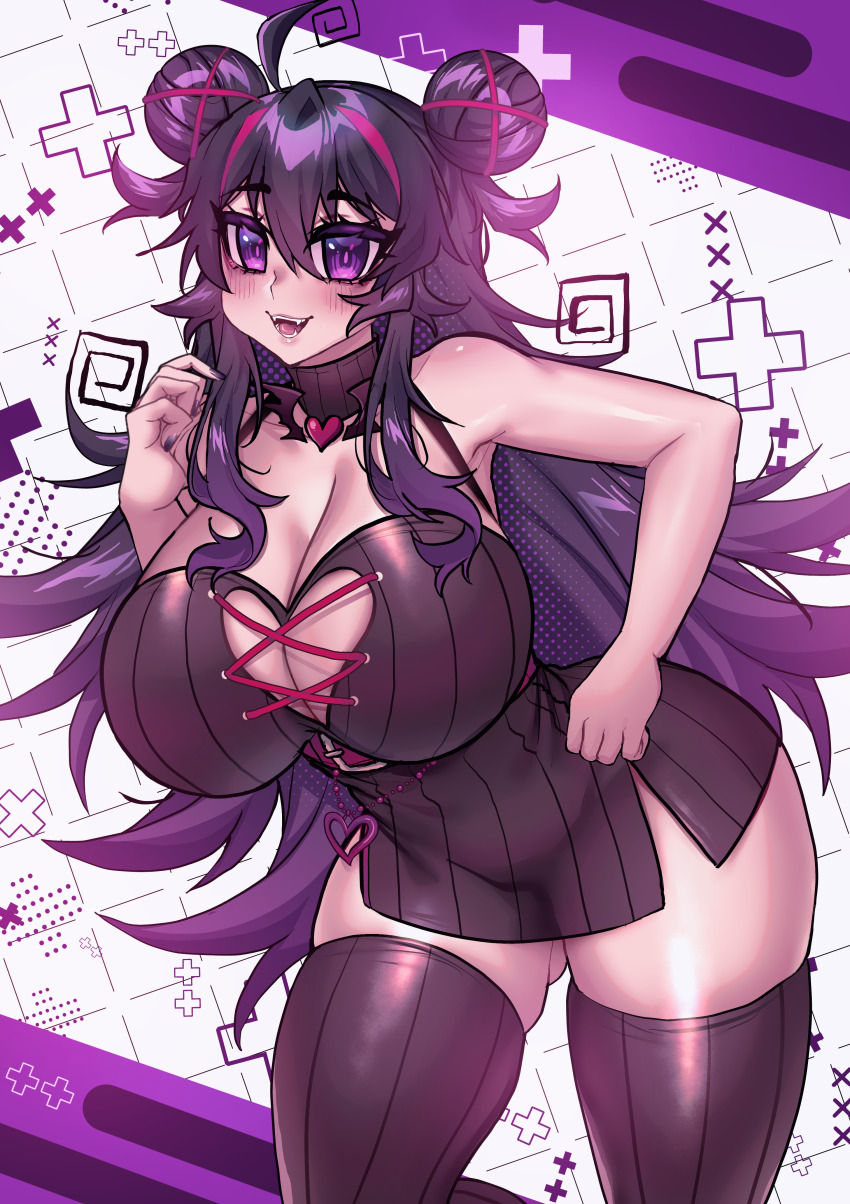 1girl absurdres bare_shoulders black_coat black_hair breasts cleavage coat contrapposto cosplay crawling_dreams creator_connection double_bun dress elizabeth_von_mountbatten_(osiimi) elizabeth_von_mountbatten_(osiimi)_(cosplay) fangs hair_bun hand_on_own_hip highres indie_virtual_youtuber large_breasts looking_at_viewer nyarla_(osiimi) oil-paper_umbrella osiimi purple_eyes purple_hair ribbed_dress ribbed_legwear ribbed_thighhighs short_dress sidelocks smile thick_thighs thighhighs thighs two-tone_background umbrella vampire virtual_youtuber
