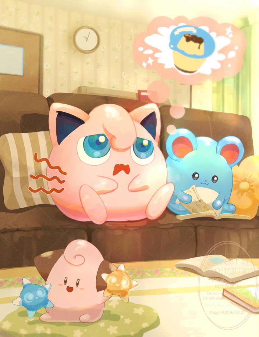 :3 absurdres blue_eyes book cleffa clock closed_mouth commentary_request couch gen_1_pokemon gen_2_pokemon gen_7_pokemon highres holding hungry indoors jigglypuff looking_up marill minior nintendo no_humans open_mouth piyokonoenikki_04 pokemon pokemon_(creature) pokemon_focus sitting smile speech_bubble thought_bubble watermark