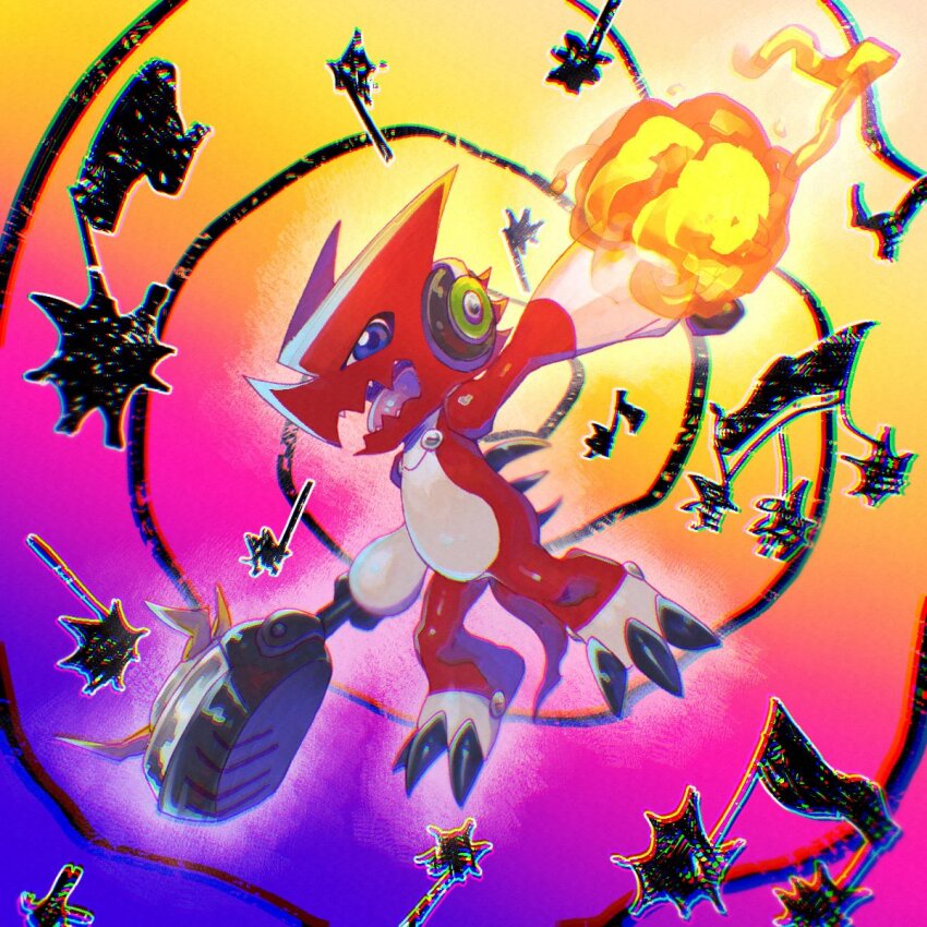 blue_eyes colored_skin commentary_request digimon digimon_(creature) dragon flaming_hand full_body gradient_background headphones highres hoisotsu01 holding holding_microphone microphone musical_note pink_background purple_background red_skin shoutmon solo yellow_background
