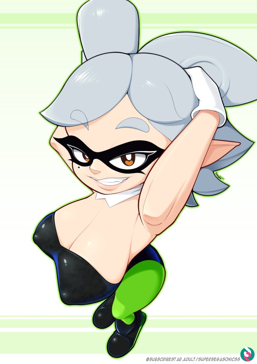 1girl armpits artist_name bad_id bad_twitter_id breasts brown_eyes cleavage female_focus gloves green_pantyhose grey_hair highres inkling marie_(splatoon) mole nintendo pantyhose seductive_smile smile solo splatoon_(series) splatoon_1 squid_girl subscribestar_logo subscribestar_username supersegasonicss tagme tentacle_hair white_gloves