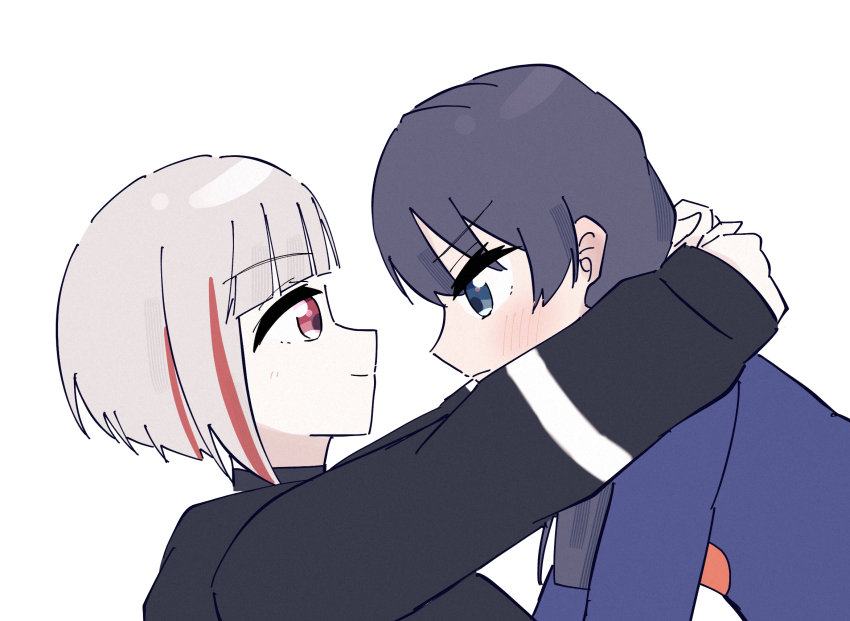 2girls arms_around_neck black_choker black_jacket blue_eyes blue_hair blue_ribbon blue_sweater blush bob_cut choker commentary_request diagonal_bangs eye_contact face-to-face grey_hair hair_ornament hair_ribbon highres hood hood_down hooded_jacket inverted_bob jacket link!_like!_love_live! long_hair long_sleeves looking_at_another love_live! low_twintails magu_(cv_mgmgcup) multicolored_hair multiple_girls murano_sayaka murano_sayaka_(summer_loungewear) open_mouth portrait profile red_eyes red_hair ribbon short_hair simple_background star_(symbol) star_hair_ornament streaked_hair sweater twintails virtual_youtuber white_background yugiri_tsuzuri yugiri_tsuzuri_(summer_loungewear)
