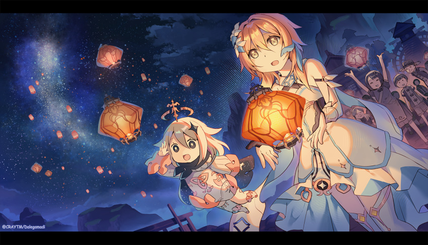 6+girls :d ^_^ arm_up arms_up bare_shoulders black_eyes black_gloves blonde_hair boots brown_eyes closed_eyes cloud commentary craytm dress english_commentary flower genshin_impact gloves hair_between_eyes hair_flower hair_ornament knee_boots letterboxed long_hair lumine_(genshin_impact) multiple_girls night night_sky open_mouth outdoors paimon_(genshin_impact) partially_fingerless_gloves single_thighhigh sky smile standing star_(sky) starry_sky thighhighs thighhighs_under_boots white_dress white_flower white_footwear white_hair white_legwear