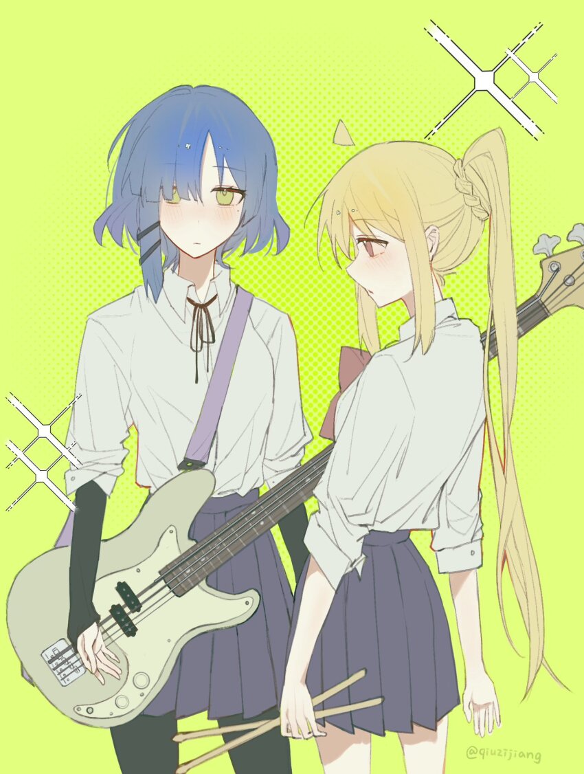 2girls ahoge bass_guitar blonde_hair blue_hair blush bocchi_the_rock! bow bowtie detached_ahoge drumsticks falling_petals fender_precision_bass hair_ornament highres ijichi_nijika instrument long_hair long_sleeves looking_at_viewer mole mole_under_eye multiple_girls open_mouth petals qiuzijiang school_uniform shimokitazawa_high_school_uniform yamada_ryo