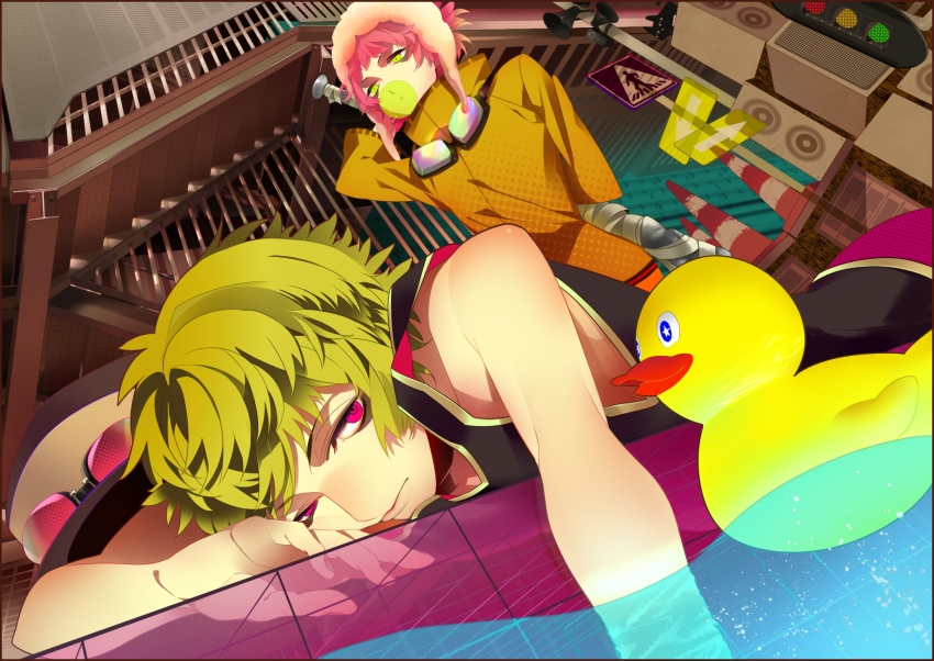 2girls baseball_bat baseball_cap bonnet blowing_bubbles chewing_gum dutch_angle goggles goggles_around_neck green_eyes green_hair gumi hat highres kanamura_ren lying mika-chan multiple_girls on_stomach panda_hero_(vocaloid) pink_eyes pink_hair road_sign rubber_duck short_hair sign traffic_cone vocaloid