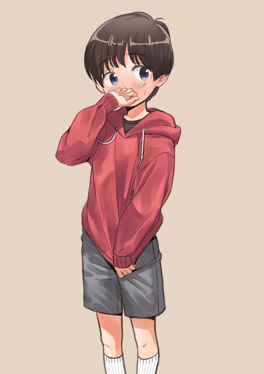 1boy blue_eyes blush child clothes_tug grey_background highres hood hood_down hoodie hoodie_tug looking_at_viewer male_focus original piko_(pixiv) red_hoodie shorts simple_background solo
