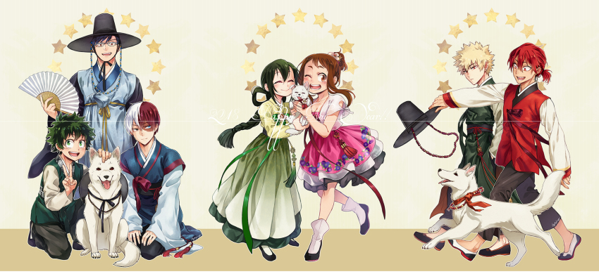 10s 2girls 5boys asui_tsuyu bakugou_katsuki blue_hanbok boku_no_hero_academia chinese_new_year chinese_zodiac closed_eyes dog gat_(hat) green_robe hanbok hat highres holding holding_unworn_clothes holding_unworn_hat iida_tenya kirishima_eijirou korean_clothes lowah midoriya_izuku multiple_boys multiple_girls one_eye_closed robe todoroki_shouto unworn_hat unworn_headwear uraraka_ochako