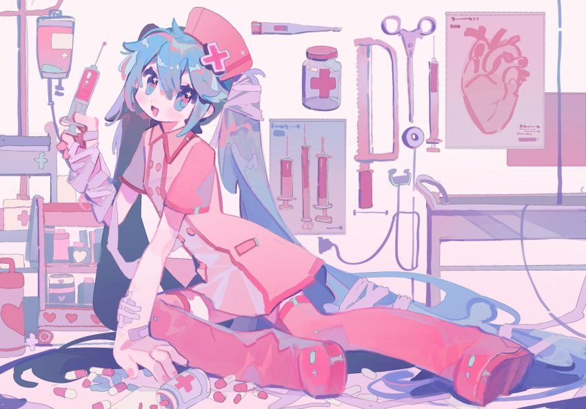 1girl aqua_eyes aqua_hair bandaged_arm bandages bandaid_on_wrist boots breasts diagram full_body hair_between_eyes hat hatsune_miku highres holding holding_syringe infirmary intravenous_drip koiiro_byoutou_(vocaloid) long_hair looking_at_viewer nurse nurse_cap open_mouth pill pill_bottle pink_hat pink_shirt pink_theme red_boots renzhi00334233 scissors shirt short_sleeves sitting small_breasts smile solo stethoscope syringe thermometer thigh_boots twintails vocaloid