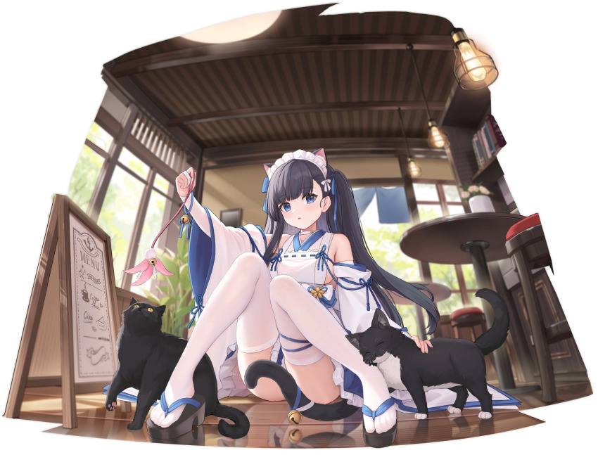 1girl :o allenes animal animal_ear_fluff animal_ears apron arm_up ass azur_lane bare_shoulders bell between_legs black_border black_cat black_hair black_sandals blue_eyes blue_ribbon blue_skirt blunt_bangs blush book bookshelf border bow breasts cat cat_ears cat_girl cat_tail ceiling_light chair convenient_censoring convenient_leg day detached_sleeves extra_ears feet frilled_skirt frills hair_ornament hair_ribbon hatsuharu_(azur_lane) hatsuharu_(hatsuharu&#039;s_cat_cafe_caper)_(azur_lane) highres holding indoors japanese_clothes jingle_bell kimono knees_together_feet_apart knees_up lamp long_hair long_sleeves looking_at_viewer maid maid_headdress medium_breasts nontraditional_miko official_alternate_costume official_art open_mouth parted_lips petting plant platform_sandals pleated_skirt potted_plant ribbon ribbon-trimmed_sleeves ribbon_trim sandals shelf sideboob sitting skirt solo table tail tail_bell tail_censor tail_ornament thighhighs thighs two_side_up very_long_hair wa_maid white_sleeves white_thighhighs wide_sleeves window wooden_floor zouri