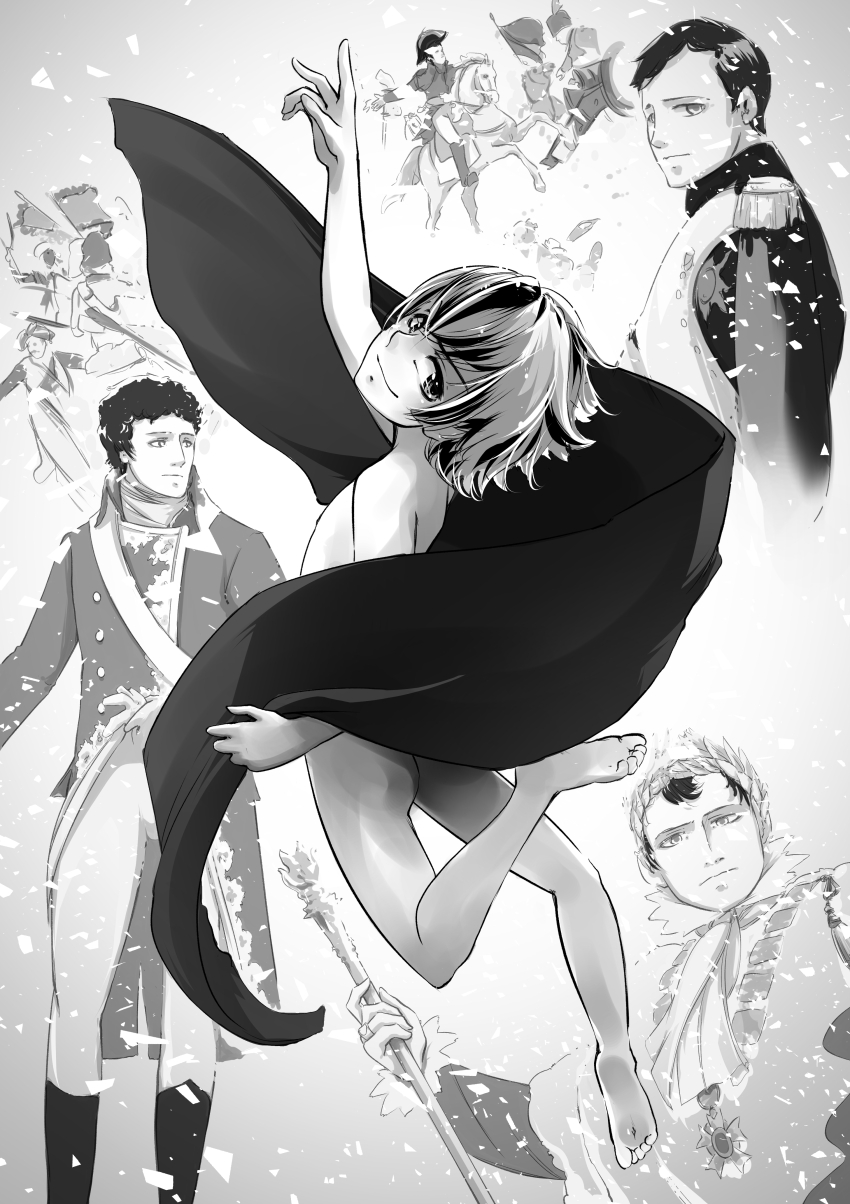 absurdres barefoot boots cannon crown daemon_haselworth fantasy greyscale highres james_loyd military_uniform monochrome napoleon_bonaparte napoleon_of_another_world! non-web_source nude reincarnation scepter smile