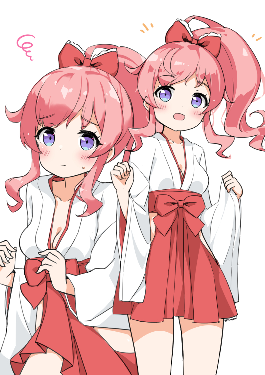 2girls blush breasts cleavage cowboy_shot eyebrows_hidden_by_hair furisode hair_ornament hakama hands_up hayashi_coco highres japanese_clothes kimono kiratto_pri_chan long_hair long_sleeves miko momoyama_mirai multiple_girls multiple_views pink_hair ponytail pretty_series purple_eyes red_ribbon red_skirt ribbon sainyan_(strong7) sash shirt shy skirt smile standing sweatdrop v-shaped_eyebrows wavy_mouth white_background white_shirt wide_sleeves