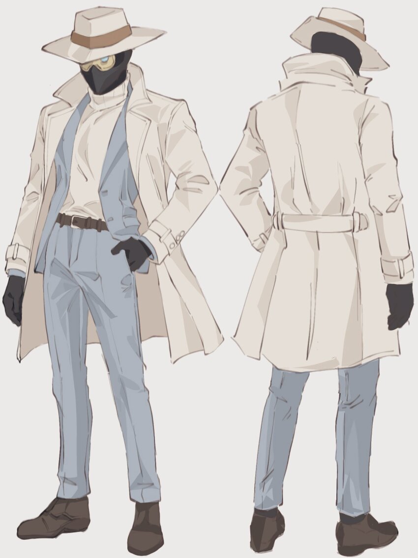 1boy 25teibewa alternate_costume belt black_gloves brown_belt cypher_(valorant) gloves hat highres mask pants shirt shoes solo solo_focus turtleneck valorant white_hat