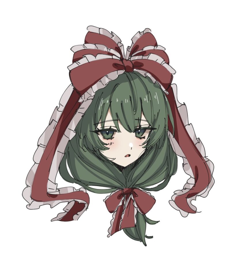 1girl bow front_ponytail green_eyes green_hair hua88331 kagiyama_hina looking_at_viewer portrait red_bow red_ribbon ribbon simple_background solo touhou white_background