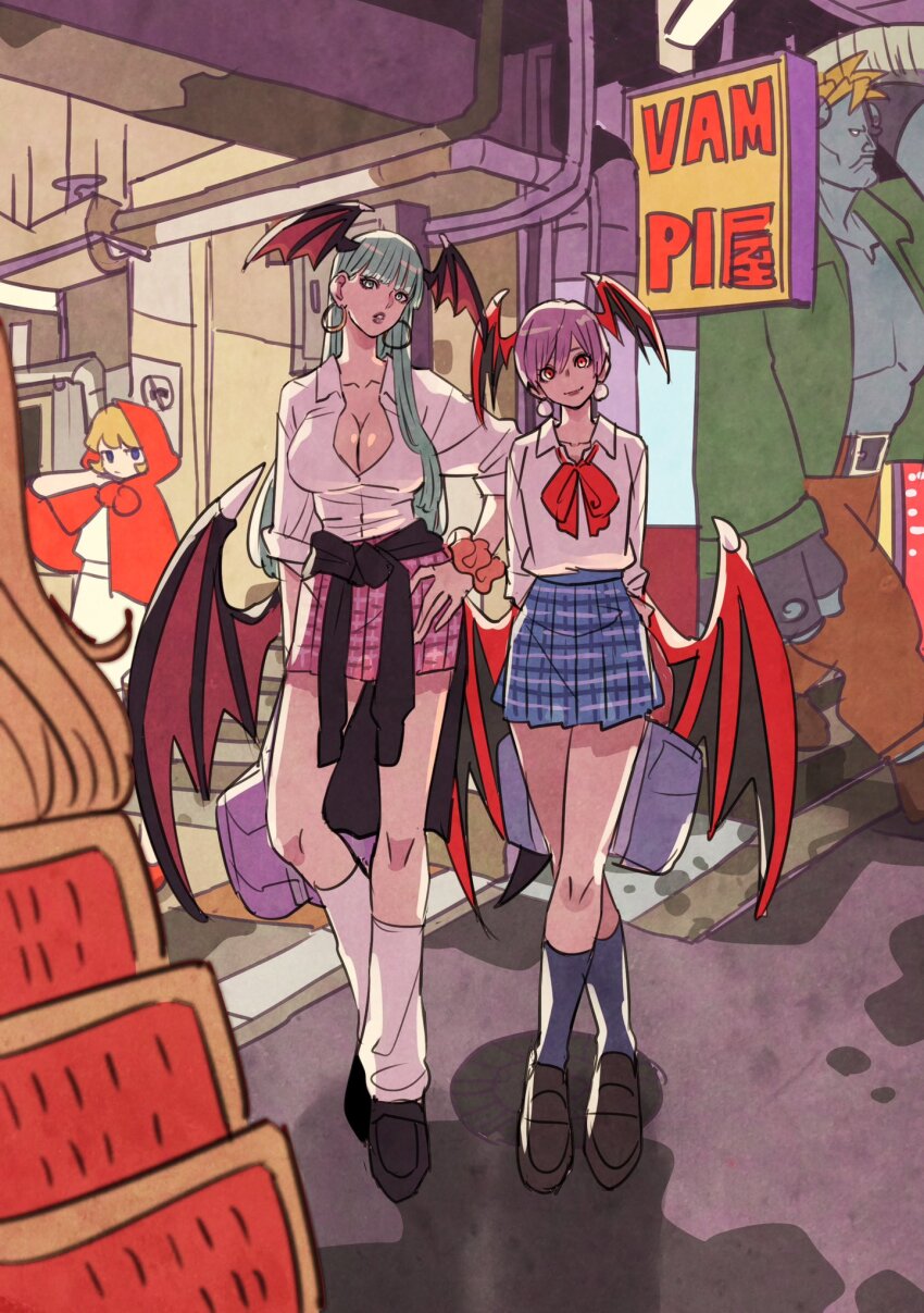2boys 3girls alternate_costume bag bishamon_(darkstalkers) blonde_hair blue_sky breasts b.b._hood cleavage clothes_around_waist collarbone demon_girl demon_wings earrings full_body green_eyes green_hair gyaru head_wings highres holding holding_bag hood hood_up hoop_earrings jacket jacket_around_waist jewelry large_breasts lilith_(darkstalkers) long_hair looking_at_viewer miniskirt morrigan_aensland multiple_boys multiple_girls outdoors pink_skirt pleated_skirt purple_hair red_eyes red_hood shirt short_hair skirt sky small_breasts takeuchi_ryousuke darkstalkers victor_von_gerdenheim white_shirt wings