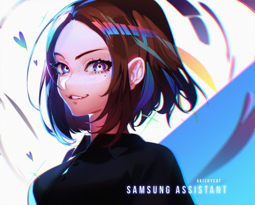 1girl akishycat black_shirt blue_eyes brown_hair freckles highres looking_at_viewer medium_hair mole mole_under_eye parted_lips phone samsung samsung_sam shirt smile